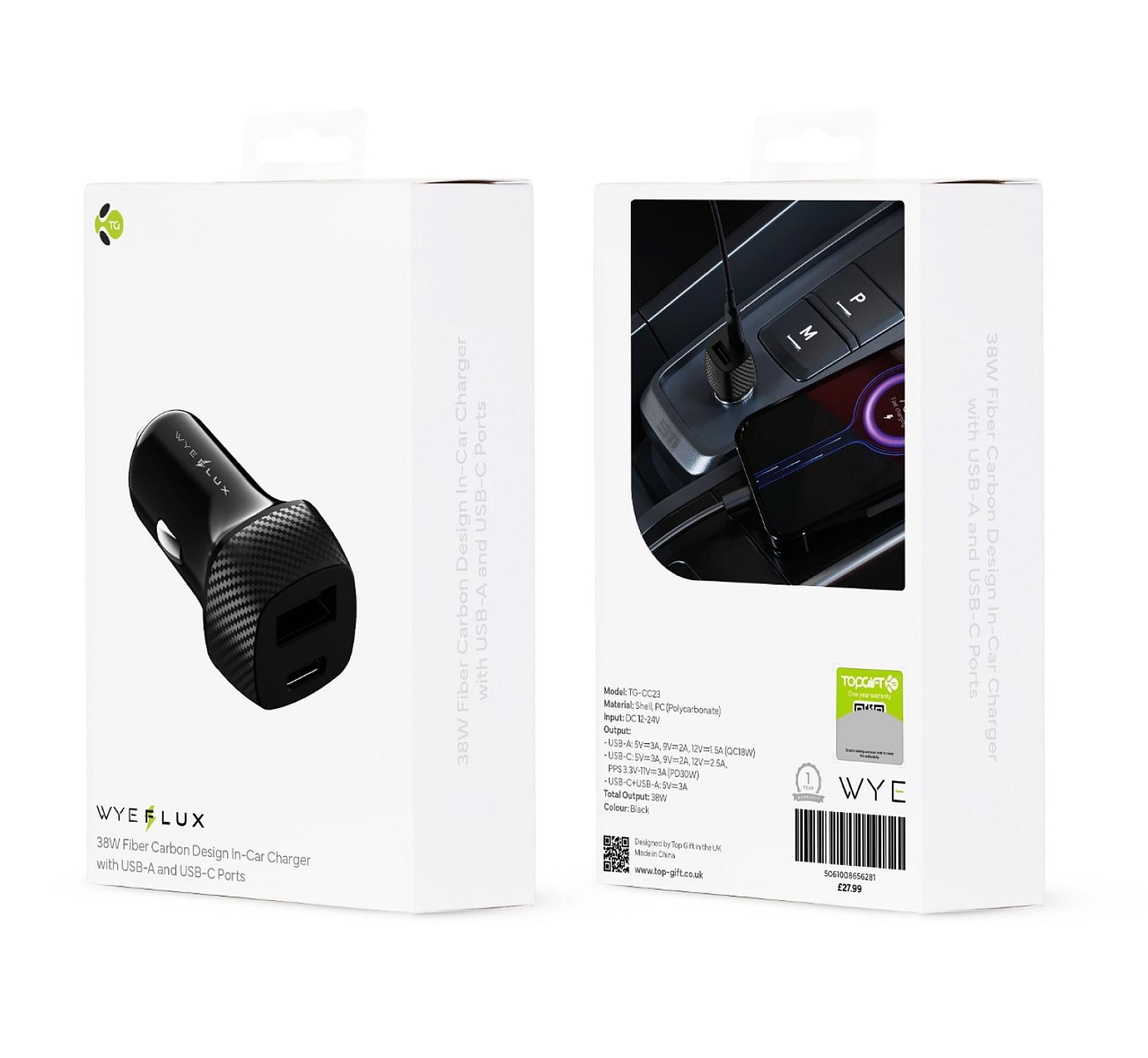 30W Fiber Carbon Design In-Car Charger with USB-A and USB-C Ports - Image 3