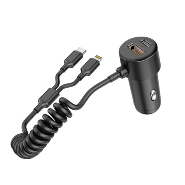60W Dual-Port In-Car Charger With USEB-C & 8-Pin Built-in Cables