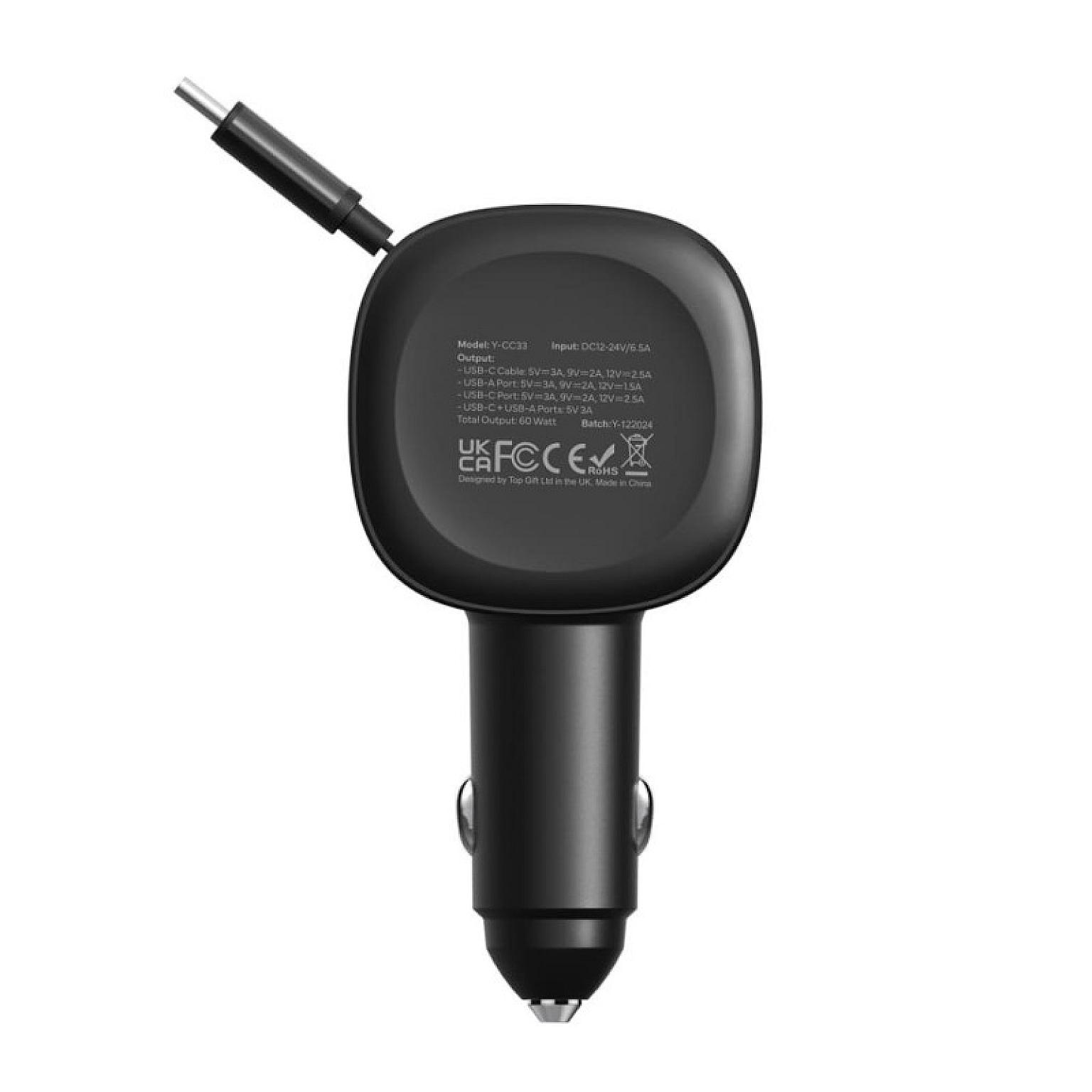 3-IN-1 Fast Charging In-Car Charger with Built-in Retractable Cable&A,C ports - Image 2